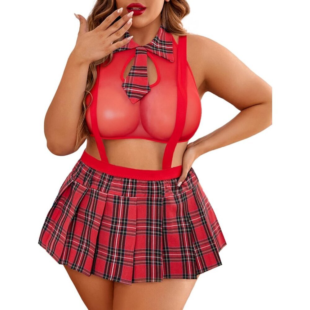 Plus Size Schoolgirl Lingerie Satin Mini Skirt Roleplay Outfit Pink
